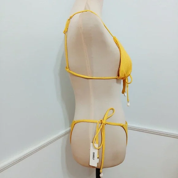 Yellow Gingham Triangle Bikini Set Cowrie Shell Ties Womens Size Medium New - Picture 4 of 7